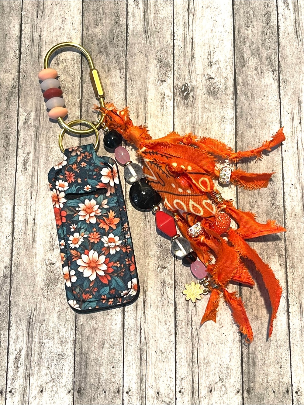 Floral Lipstick Holder Keychain/bag charm with Orange Tassel Beads